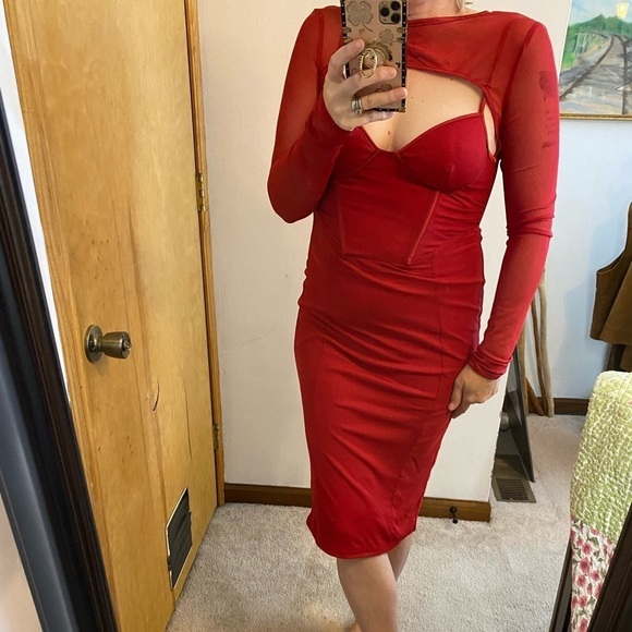 NWT Rosedress Red Corset Top Mesh Long Sleeve Midi Dress - Picture 8 of 13